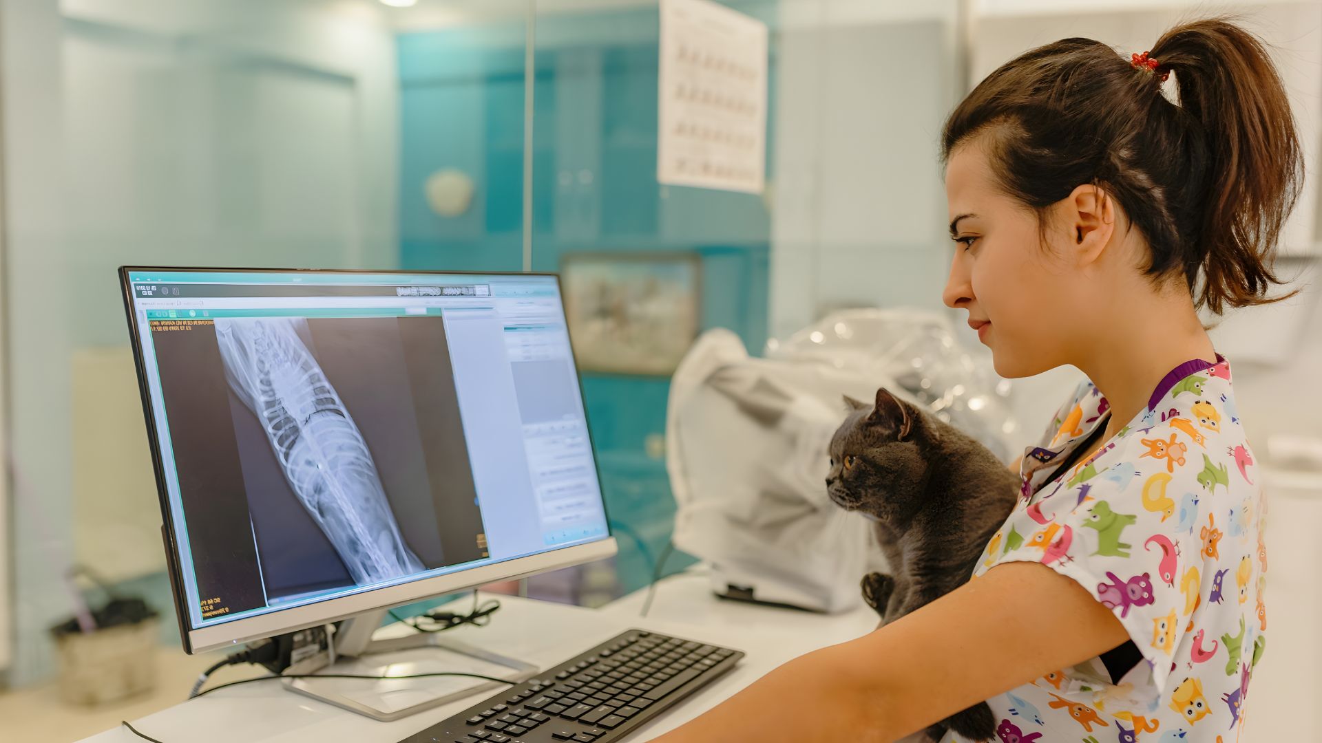 vet tech looking at cat x-rays